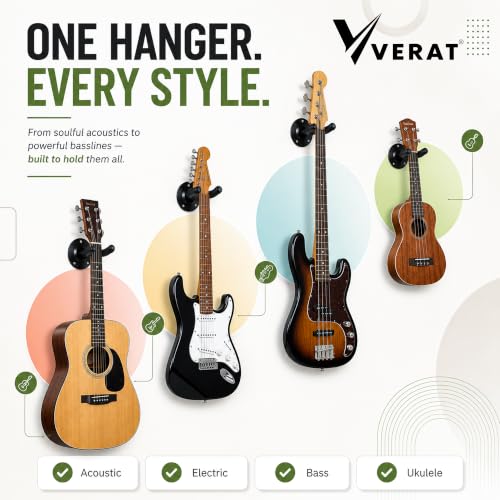 Image of VERAT 2 Pcs Guitar Wall Mount Hanger Hook, Wall Mounted Guitar Holder Stand with Soft Foam Padding, Heavy Duty Metal Guitar Rack for Acoustic, Electric, Bass Guitar, Ukulele, Banjo & Mandolin, Black