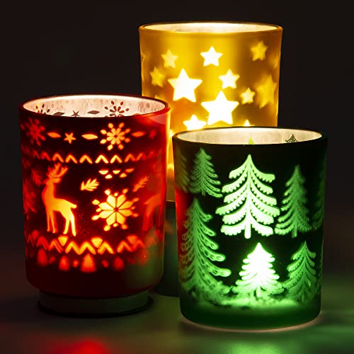 Rancco Tealight Candle Holders for Christmas 3 Color Indoor Xmas Decor Tea Light Candle Jar for Centerpieces & Party Decoration Votive Candle Holders w/Elk Christmas Tree Stars Designs 3.3x2.6in