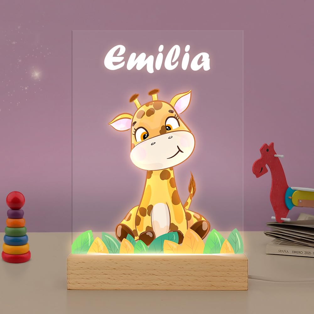 Transparent Gift Lámpara Infantil Personalizada con Nombre Jirafa. Luz Nocturna Quitamiedos de Mesita de Noche para Bebés. Lámparas de Metacrilato y Base de Madera. Regalos Originales Niños y Niñas