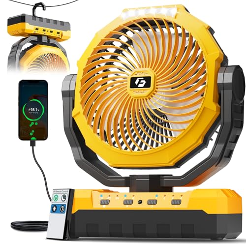FRIZCOL 3-in-1 Camping Fan - Portable Fans Rechargeable - 24000mAh Battery Powered Fan with Light & Remote for Indoor, Outdoor, Tent, Travel, Fishing, Jobsite, Gifts for Men Dad Him - Yellow