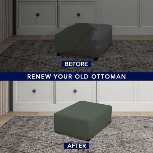 Image of PureFit Super Stretch Form Fit Ottoman Cover Rectangle - Ottoman Slipcovers for Foot Stool Cover & Folding Storage Slipcover for Living Room with Nonslip Elastic Bottom (Medium-L, Grayish Green)