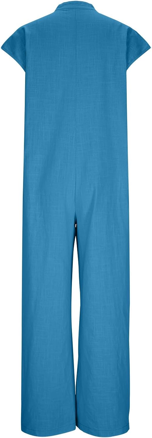 Linen Rompers for Women Casual Short Sleeve Button Down Overalls Wide Leg Loose Jumpsuit with Pockets - Image 5
