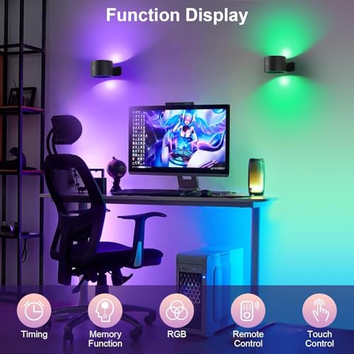 Image of Lightess Battery Operated Wall Sconce Black, Remote Control, Set of 2 | 5000mAh Rechargeable, 19 Colors Dimmable, Stick on Wall Lights for Hallway, Bedroom, Living Room