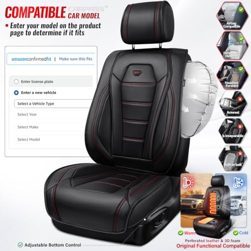 Image of CAR PASS Nappa Leather Car Seat Covers Full Set Faux Leather, Black | Luxury Nappa Leather,360 Full Protection,Water resistant,3D Foam Comfort,Scratch proof,Universal Fit for Most Cars SUV Truck