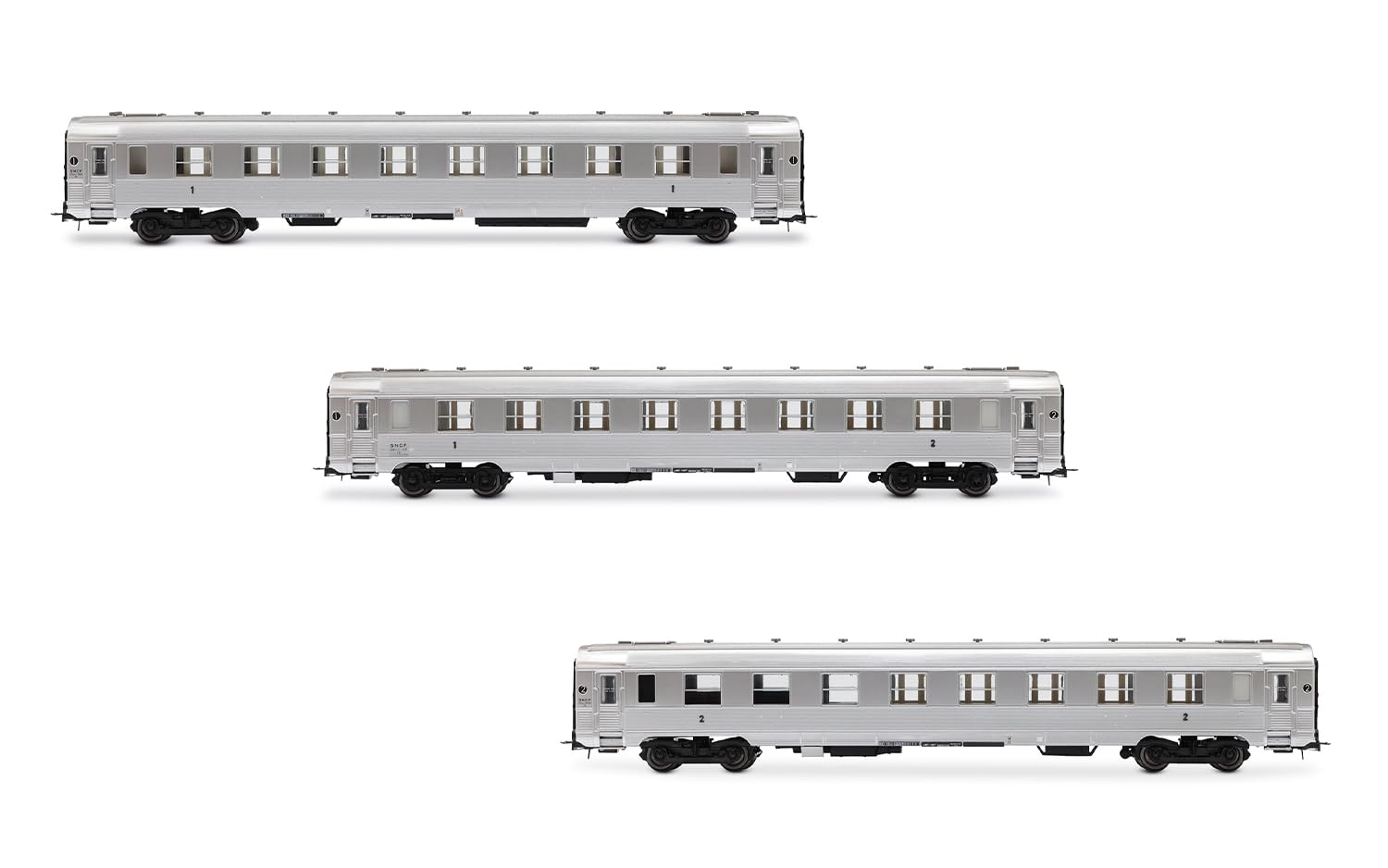 Jouef HJ4174 SNCF, 3-Unit Pack Short DEV INOX Coaches (A8myfi 1st cl., A3B5myfi 1st/2nd cl., B5smyfi bar), ep. IIIA, Coach Rolling Stock