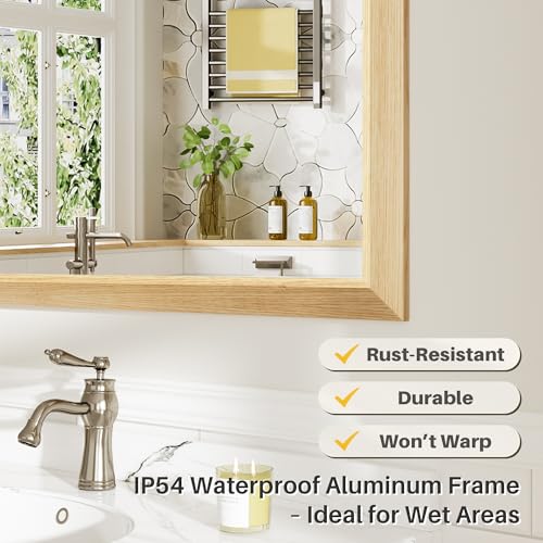 Image of 55x30 Inch Bathroom Mirror for Wall, Anti-Rust Oak Wood Grain Metal Framed Bathroom Mirrors for Over Sink,Rectangler Mirrors for Bathroom Vanity, Farmhouse, Bedroom, Living Room, Entryway Decor