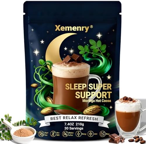 Moringa Hot Cocoa Sleep Aid, Pure Moringa Powder Mix with Cocoa Powder – Supports Energy, Immune Support, Gut Health, Green Superfood with Vitamins & Amino Acids, 7.4 oz., 30 Servings