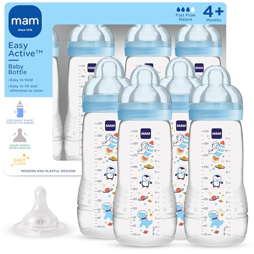 Image of MAM Easy Active Baby Bottle 4 Pack, 11oz, BPA Free, Fast Flow Silicone Nipple, Anti-Slip Grip, Leak-Proof, 4+ Months, Blue Teal
