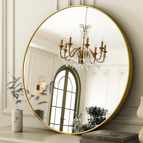 Image of EASLY 32 Inch Round Mirror, Gold Metal Frame Wall Mirror for Bathroom