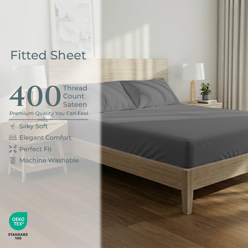 Image of Royale Linen 400 Thread Count Queen Fitted Sheets Only - 100% Cotton Fitted Bed Sheets Queen Size - Luxury Sateen Weave - All Around Elastic Deep Pocket - Durable & Soft -Fit Up To 16 inch (Spanish Slate)
