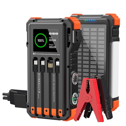 Solar Power Bank 12000.0 mAH, 45W Fast Charging with 4 Built-in Cables & Automotive-Grade Cells, Jump Starter, 12V Battery Booster Pack with Smart Display,Gift for Men, Orange