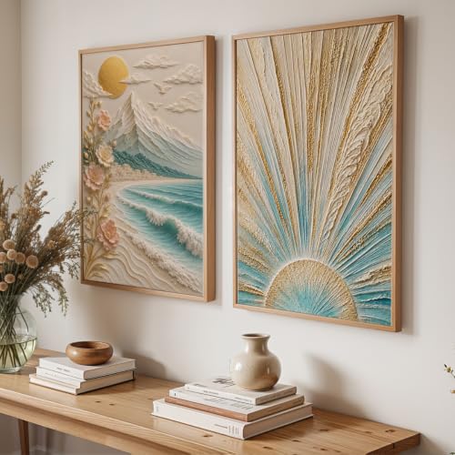 Image of NoWorries Coastal Sunrise Wall Painting Set of 2 with Frame | Textured Sunburst & Beach Landscape Artwork, Ocean Mountain Floral Nature Wall Decor for Living Room, Bedroom, Office and Home Decoration (Art-3, 13x19inch)