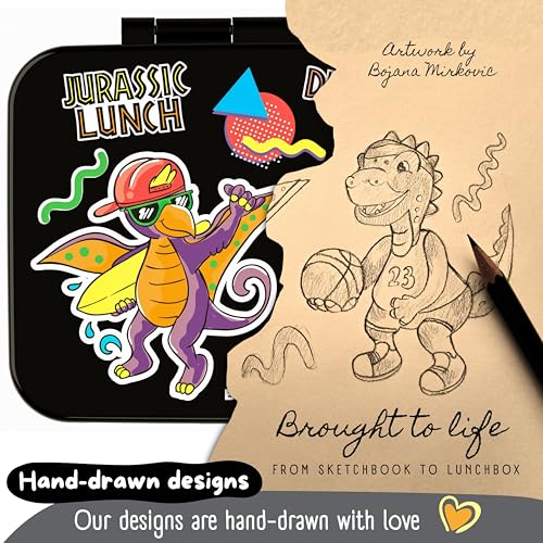 Image of BEARFOOT Kids Lunch Box with Compartments - Compact & Lightweight | Leak-Proof, BPA-Free, Dishwasher Safe | Hand-Drawn Design for Preschool, School, Travel (Dinos Black, 2.75 Cups)