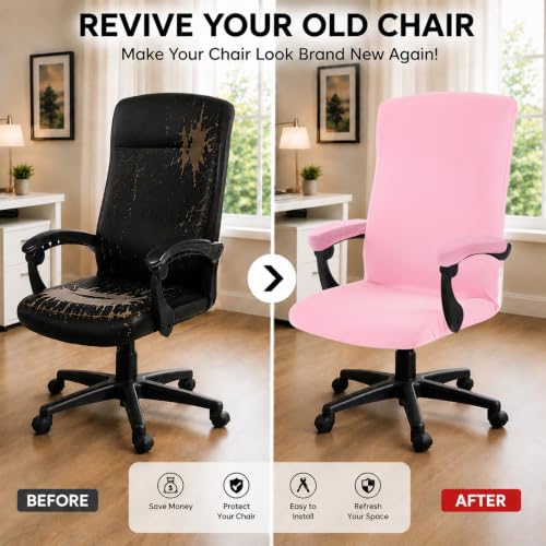 Image of Stretch Computer Office Chair Cover with Armrest Covers Durable Zipper Universal Washable Removable Spandex Rotating Boss Chair Slipcovers Anti-dust Soft Desk Chair Seat Protector, Pink
