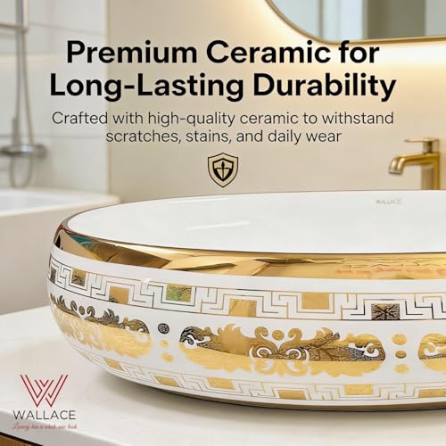 Image of Wallace Luxury Oval Table Top Wash Basin 60x40x15 cm | Royal Baroque Gold Pattern Ceramic Countertop Vessel Sink | Premium Vanity Basin for Bathroom, Hotel & Modern Interiors