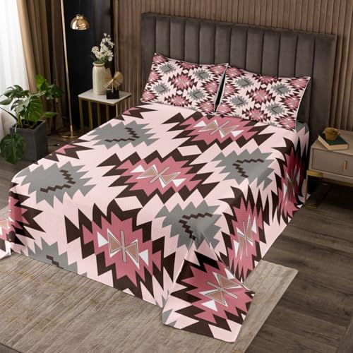 jejeloiu Southwest Native Bedspread Southwestern Geometric Bedspread for Kids Boys Girls Tribal Coverlet Set Pink Gray Quilted with 2 Pillowcases 3Pcs Bedding King