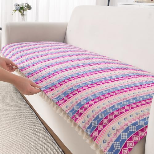Image of HOKIPO Sofa Cover Mat with Tassel | 300 GSM Cotton Acrylic Jacquard for 3 Seater Sofa,'Trivana Series' Periwinkle Blue (IN-936-J5*S)