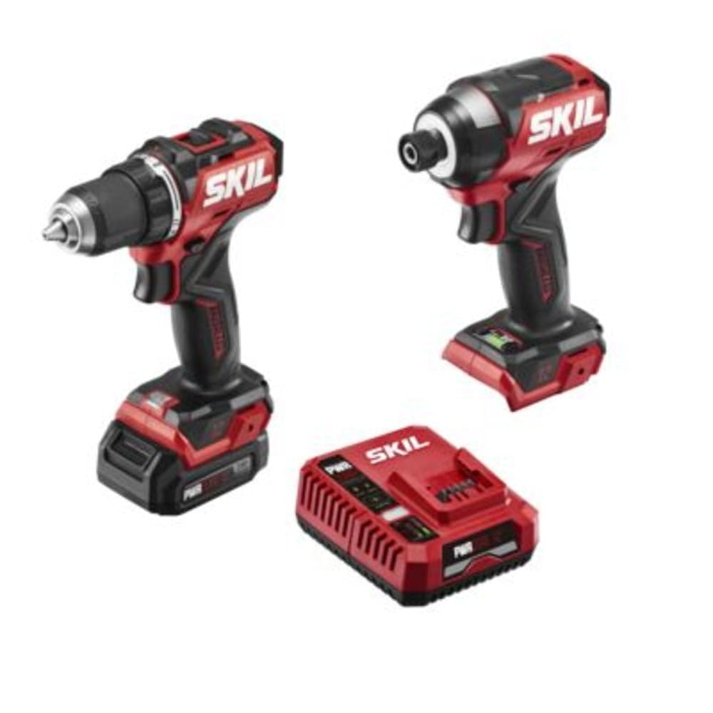 SKIL PWR CORE 12 Brushless 12V Compact Drill Driver & Impact Driver Kit Includes 2.0Ah Battery and PWR JUMP Charger - CB8429A-10,Red