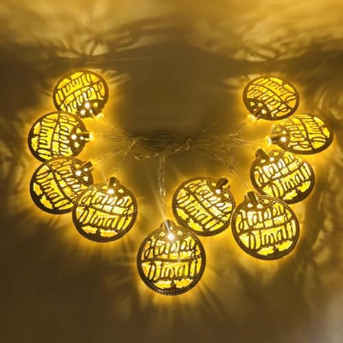 Image of MoonlitDreams 3 Meter 10 Happy Diwali Round Metallic Led String Lights, Golden Diwali Lights for Decoration for Home, Mandir & Festive Ambient Light for Diwali Decor (Plug-in)
