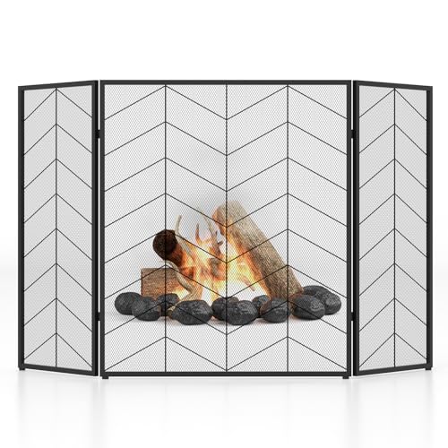 FANTASK 3-teilige Kaminschirm, Faltbare Kaminschutzgitter mit stabilem Metallrahmen, Kamin Funkenschutz, 132 x 79 cm (schwarz, Fischgrätenmuster)