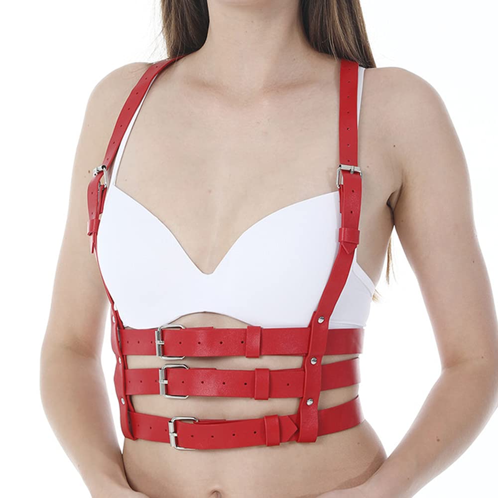 Women Rave Body Chest Harness Waist Belt Caged Bra Festival Dance Club Party, Red, One Size