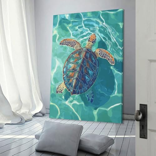 Impression sur toile tortue de mer tableau abstrait turquoise déco moderne 50x75cm