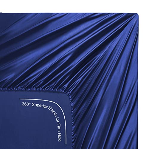 Image of Lanest Housing Silk Satin Sheets, Full Size Satin Bed Sheet Set with Deep Pockets, Cooling Soft and Hypoallergenic Satin Sheets Full - Navy Blue