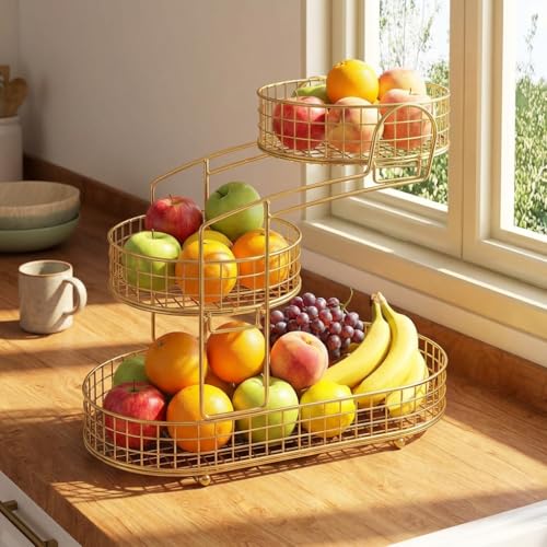 KMV Metal 3-Tier Fruit Basket Vegetable Storage Basket for Kitchen Counter Detachable Organizer for Bread Snack Produce (Glod)