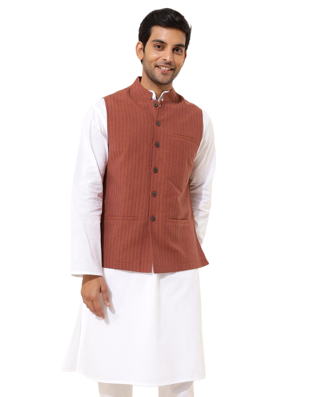 fabindia Men Rust Printed Cotton Nehru Jacket-picture-12