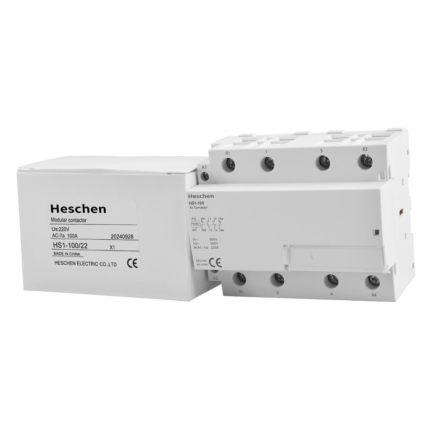 Heschen Contactor de CA para el hogar, HS1-100, Ie 100A, 4 polos 2NO 2NC, voltaje de bobina AC 220V, montaje en riel DIN de 35mm