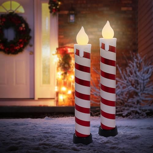 ECD Germany 2x LED Kerze Weiß-Rot Outdoor 82 cm, XXL Zuckerstange...