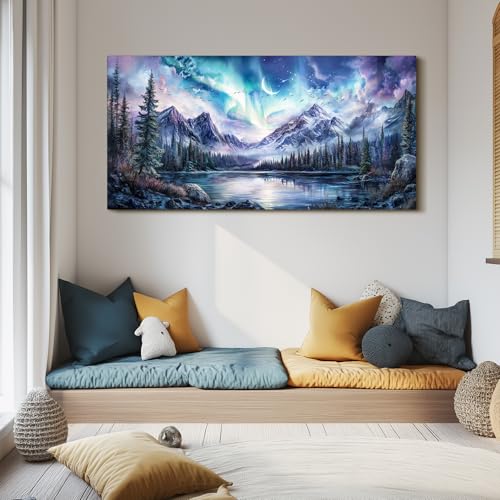 SERIMINO Landscape Large Wall Art for Living Room, Fantasy Aurora Scenic Canvas Prints, Mountain Forest Nightscape Aesthetic Wall Decor for Bedroom, Moon Stars Rustic Farmhouse Decor Pictures 30"X60"