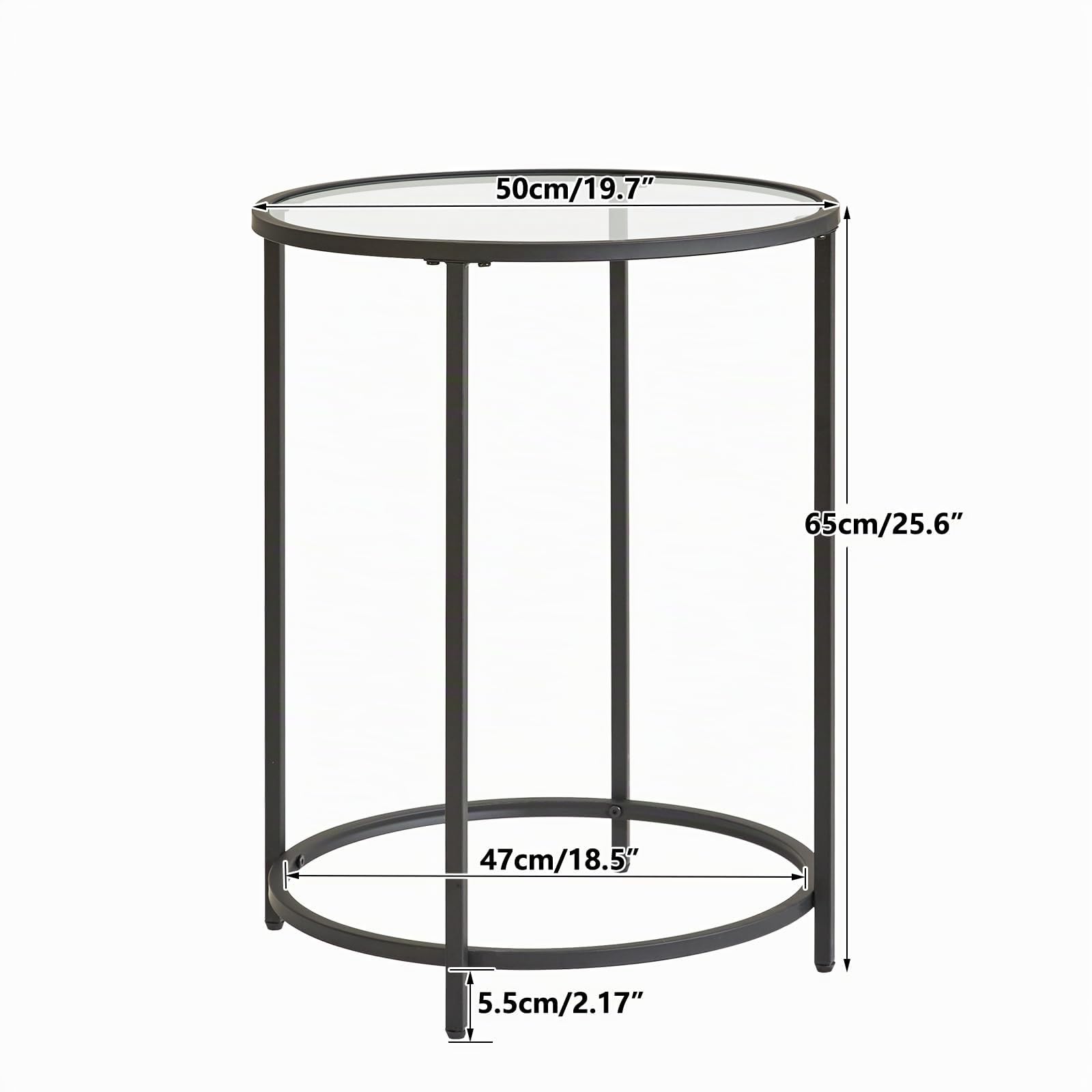 YMYNY Mesa Auxiliar Redonda, Mesita de Noche Pequeña de Cristal Templado con Marco de Metal, Mesa de Centro Transparente, Moderna, para Salón, Dormitorio, 50×50×65CM Negro HGD020B