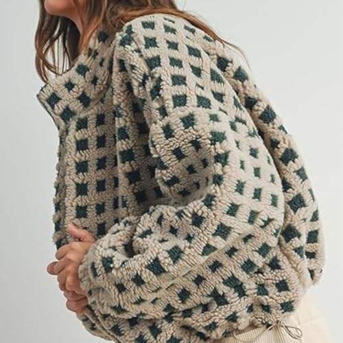 Womens Y2k Fuzzy Jacket Sherpa Plaid Long Sleeve Cropped Zip Up Shacket Fall Winter Fleece Coat4