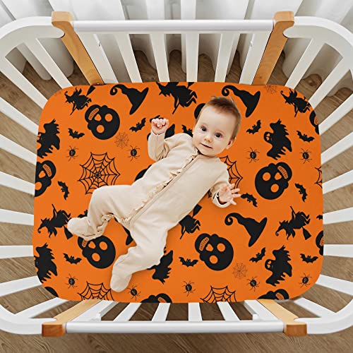 Image of Halloween Orange Bat Ghost Crib Sheets Soft Breathable Fitted Baby Crib Sheets Mattress Cover for Girl Boys, 52 inch x 28 inch x 9 inch