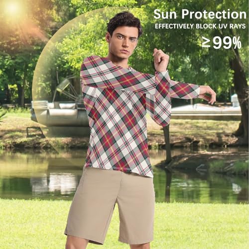 Christmas Plaid Scotland Red Men's UPF 50+ Swim Shirts Lightweight Round Neck Men's Sun Shirt Long Sleeve Outdoors4