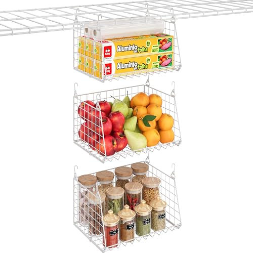 3-Pack Under Shelf Hanging Baskets with 360° Rotating Hooks – Space Saving Pantry Shelf Organizer for Kitchen Storage, Foldable Small Space Solutions for Pantry Organization, White