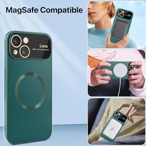 Image of Vaku Luxos Premium Polarized Leather Back Cover for iPhone 15 Plus Texture Full Lens Protection Silicon Case Scratch Resistant Slim Thin Compatible with Mag-Safe - Green