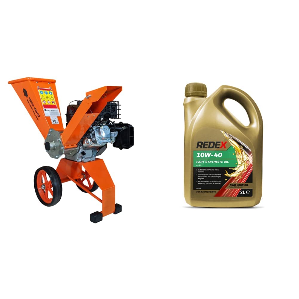 Forest MasterFM6DD 6hp Petrol compact self-feeding wood chipper. Powerful garden machine delivers up to 3600 rmp. Chips up to 50mm (2 inch) & Redex 10W-40 Part Synthetic Motor Engine Oil 2Litre