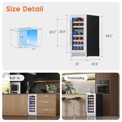 Image of Albott 15 Inch Wine Fridge, Dual Zone 31 Bottle Wine Cooler 41-68℉ with Digital Temperature Control, Reversible Double-Layer Glass Door, Built-in or Freestanding Design for Home and Bar