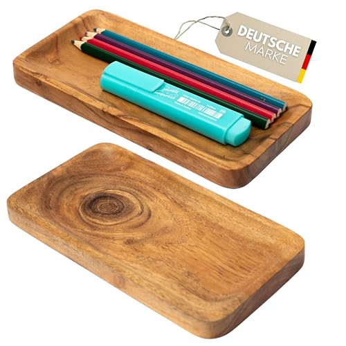 Plogis Holztablett Rechteckig aus Akazie - 2er Set Mini Deko Tablett Holz 20 x 10 cm Klein/Dekotablett Holz Länglich/Stiftschale Stiftablage Schreibtisch Deko Tablett Schmal/Dekoschale