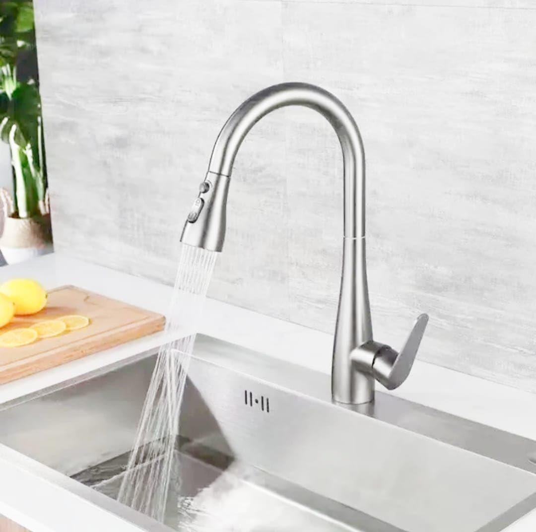 Stainless Steel - 304 Pull Out Kitchen Sink Mixer Tap with 360 Swivel with Multi Water Flow with Connecting Hoses, Deck Mounted,Hot & Cold Mixer (Silver Matte)
