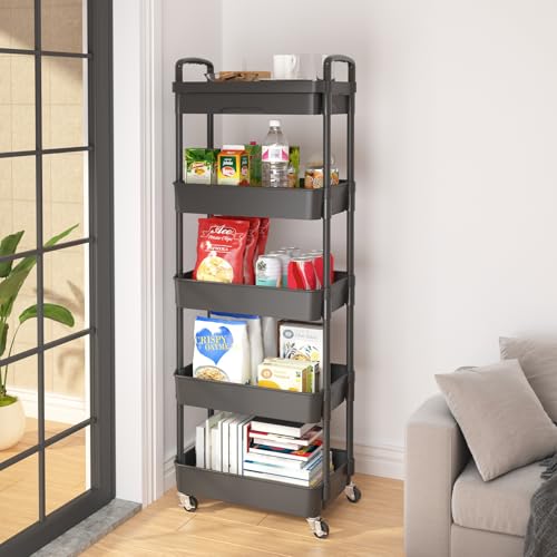 Image of Calmootey 5-Tier Utility Cart with Drawer & Wheels, Storage for Home,Office | Space-Saving Organizer, Sturdy Plastic Shelves, Smooth-Rolling Metal Wheels, Built-in Drawer for Small Items, Black