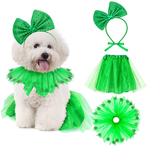 Weewooday 3 Pieces St. Patrick's Day Dog Costume Mardi Gras Girl Dog Tutu Skirt and Bowtie Headband Fancy Collar for Small Puppy Costume Decorations Supplies Green
