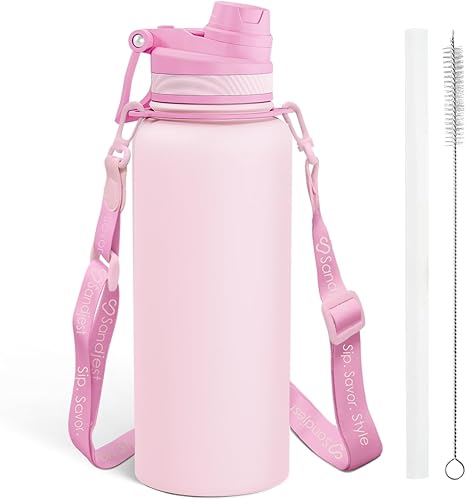 Miniatura 14 de SANDJEST Botella de agua de acero inoxidable con correa de 32 onzas, botellas aisladas con popote y tapa de boquilla para gimnasio, deportes, viajes