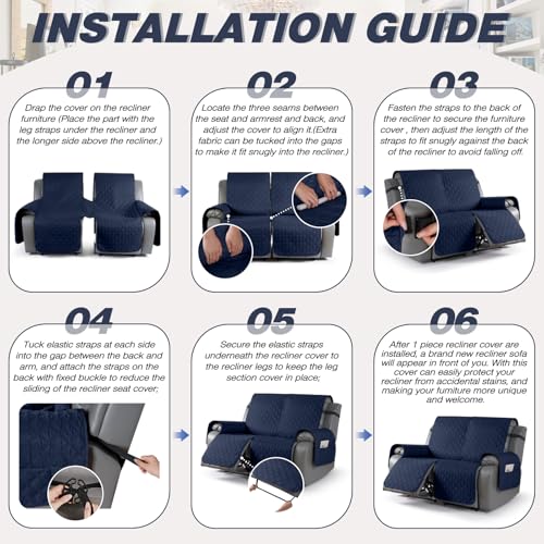 Image of TAOCOCO 100% Waterproof Recliner Covers, Recliner Sofa Covers with Leg Straps, Reversible Recliner Couch Cover for Reclining Chair, Washable Couch Protector for Pets Kids(2 Seater, Dark Blue)
