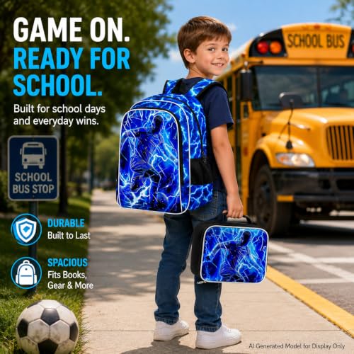Image of 3Pcs Soccer Backpack for Boys, Lightning Kids Bookbag with Lunch Box, 17 inch School Backpacks for Elementary Preschool Kindergarten (Blue)