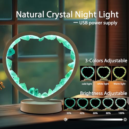 Image of Runyangshi Natural Crystal Night Lamp Heart Shape Bedroom Bedside Sleep Night Light Healing Crystal Gemstone Green Fluorite Light Tri-Color Ambient Light USB Powered for Home Decor Gift