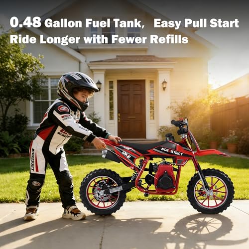 Image of 49cc Kids Dirt Bike,Gas Powered Dirt Bike with No Oil Mixing,Front&Rear Disc Brakes,4 Stroke Dirt Bike for Kids 8-14 with Inverted Fork Suspension,Pull Start,25MPH,Red