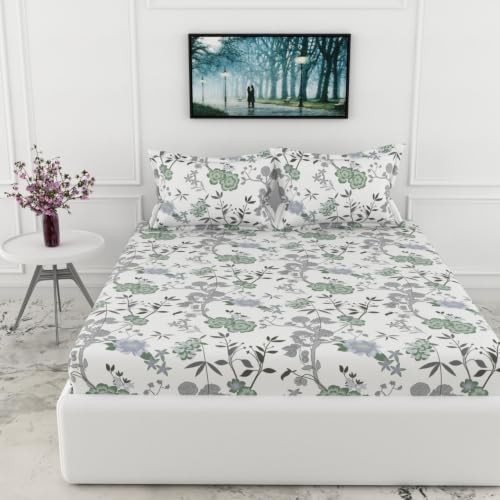 Image of LORETO - A QUALITY LINEN BRAND 144 TC 100% Pure Cotton King Size Fitted Bedsheet with 2 Pillow Covers for 72 x 72 Inch Mattress, All-Around Elastic, 8 Inch Deep Pocket, Sage Green & Silver Blooms